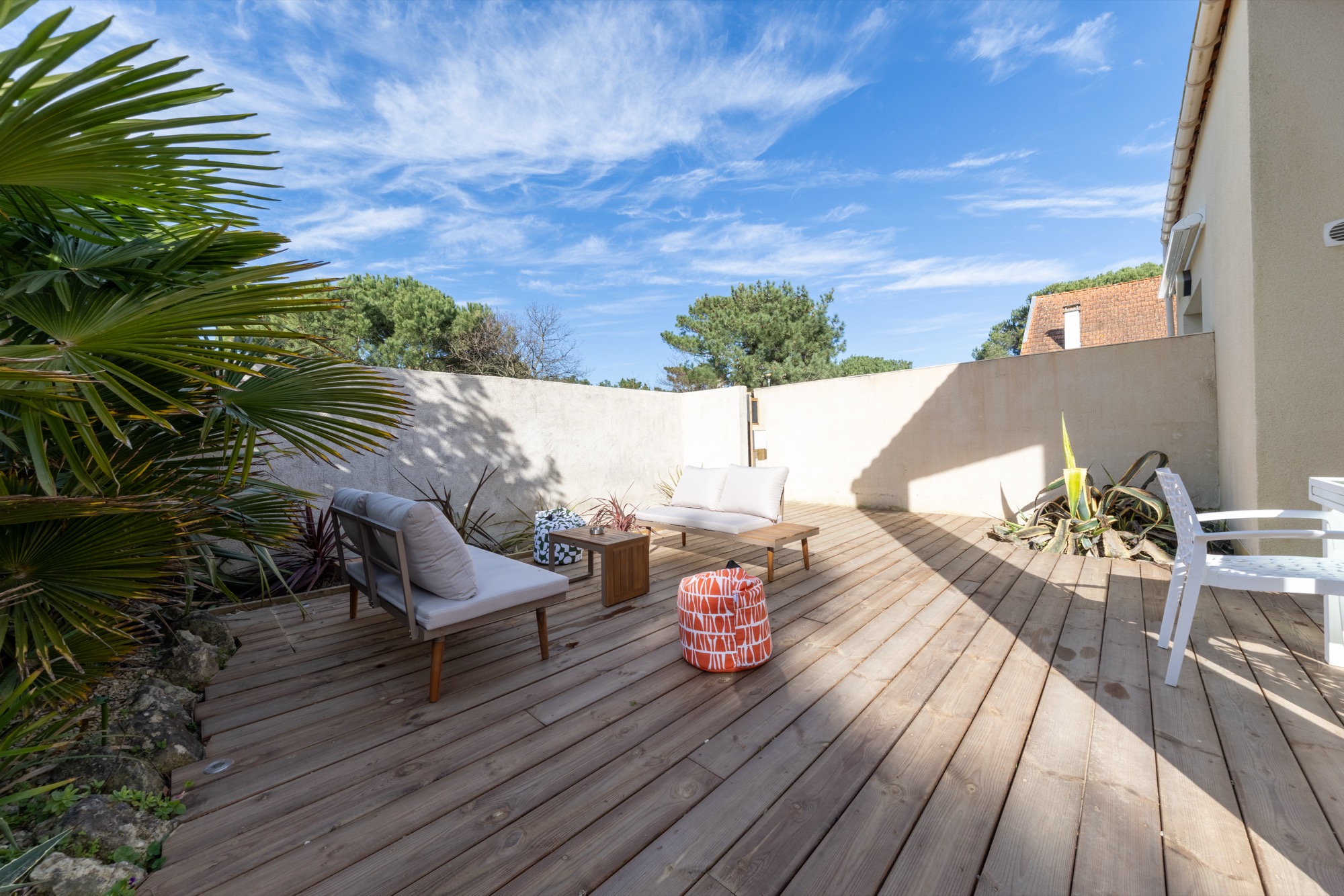 Terrasse ensoleillée avec palmier du logement Les Mimosas